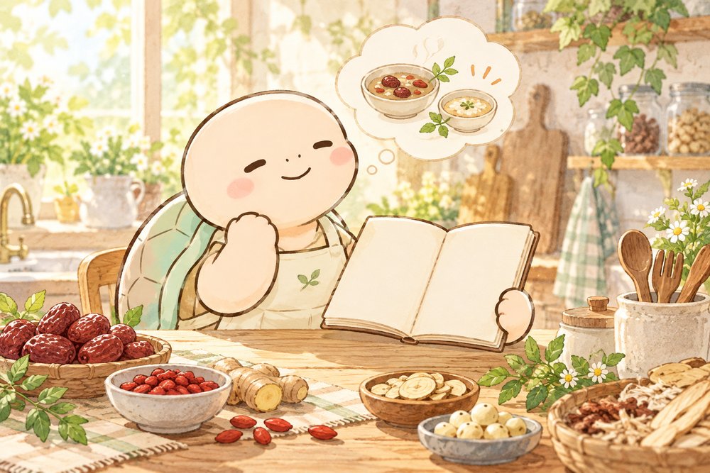 レシピノートを開いて薬膳を考える亀のナビ助