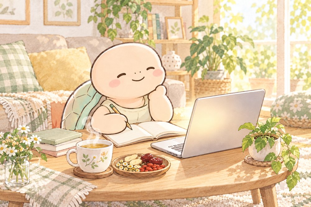 オンライン講座を受けながらメモをとる亀のナビ助