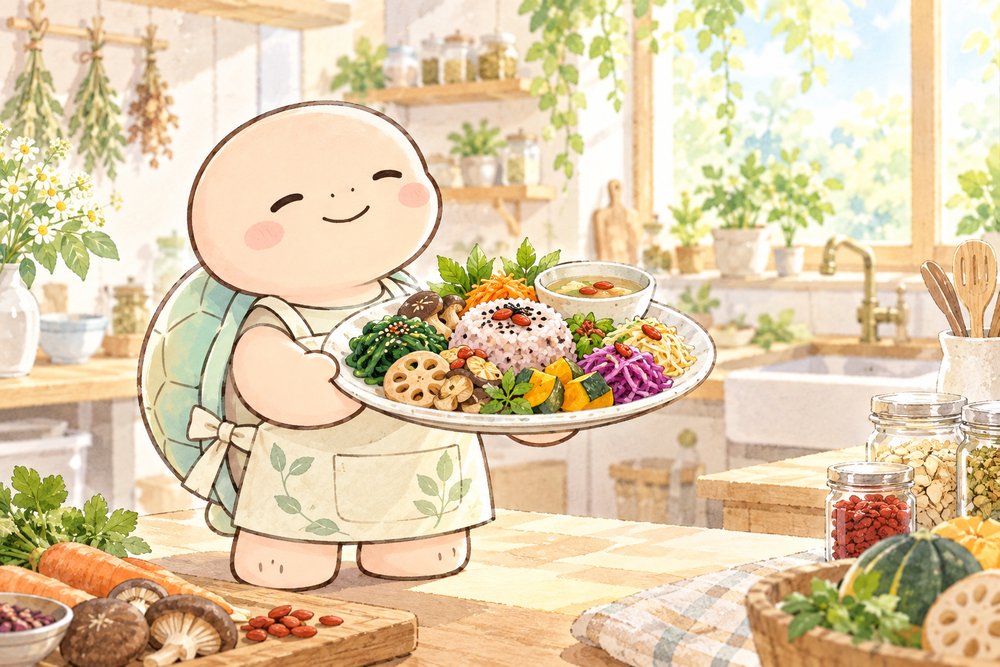 薬膳料理を盛り付けて差し出す亀のナビ助