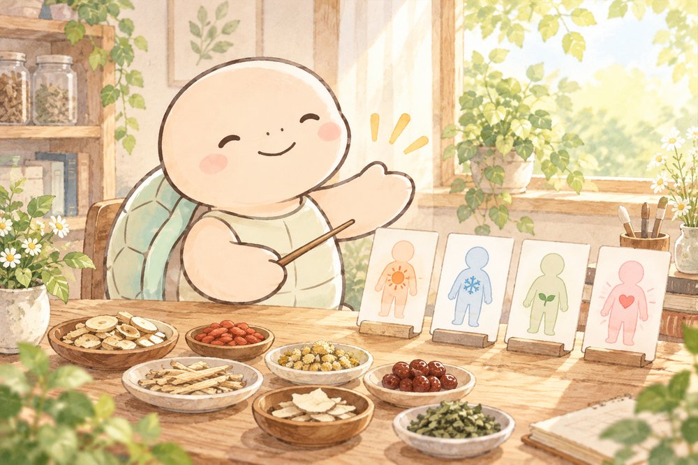 体質カードと生薬を並べて説明する亀のナビ助