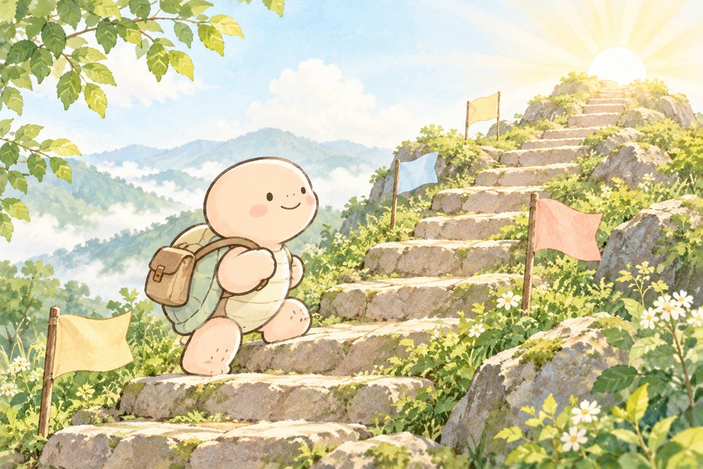 石段を一段ずつ登っていく亀のナビ助