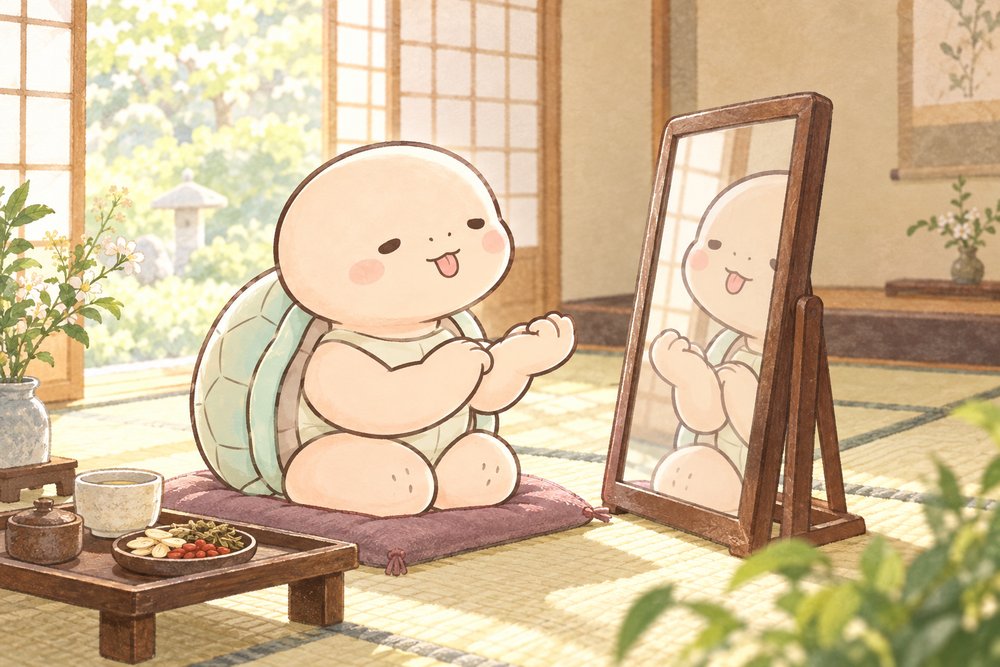鏡の前で舌を出して体調を確かめる亀のナビ助