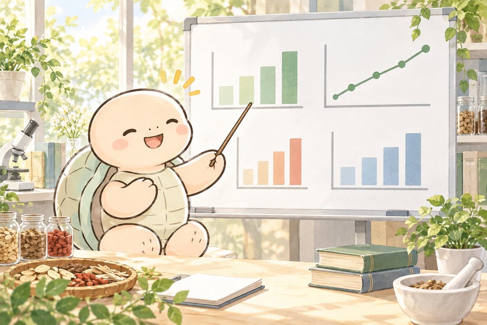 グラフを指し棒で説明する亀のナビ助