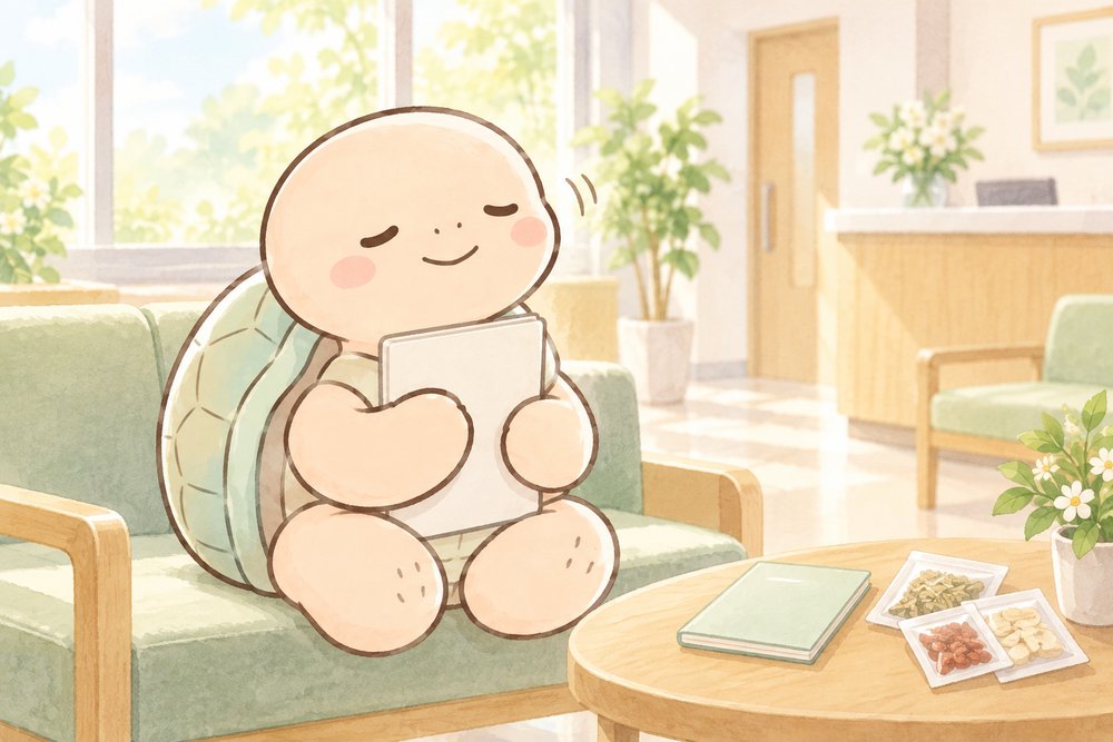 資料を胸に抱えて納得する亀のナビ助