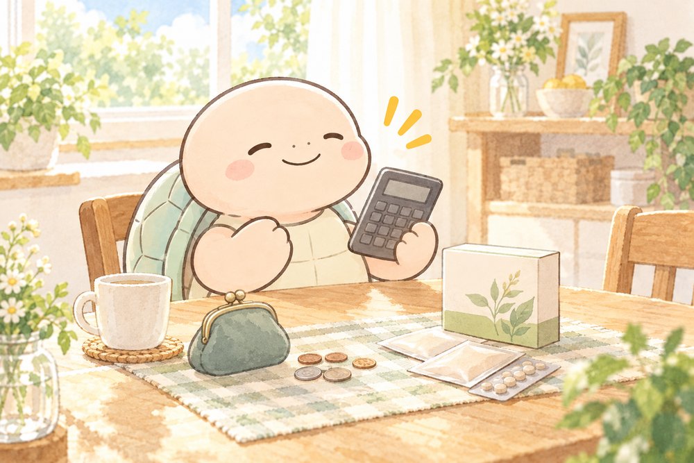 財布と電卓で費用を確認してほっとする亀のナビ助