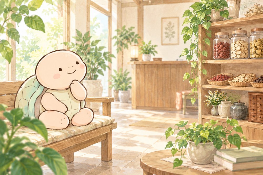 クリニックの待合室で興味津々の亀のナビ助