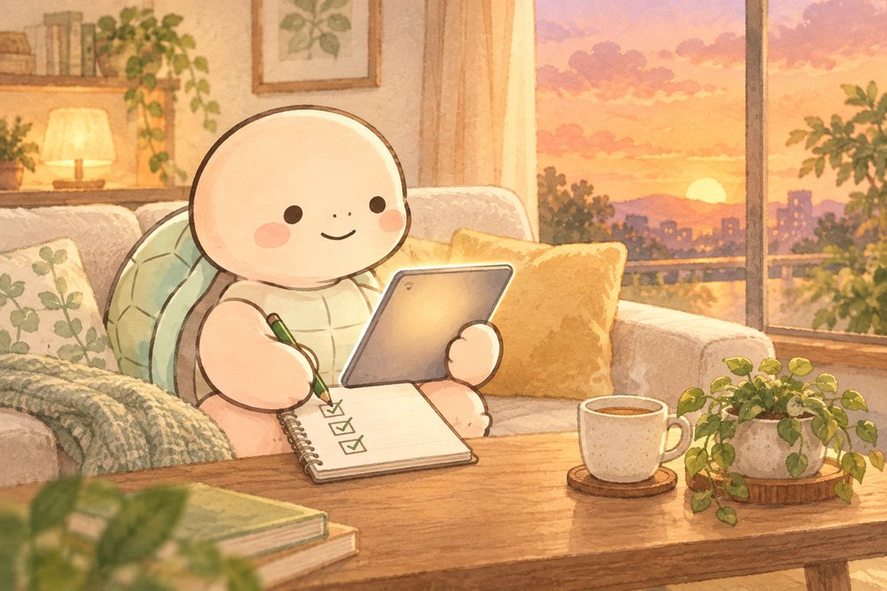 タブレットとメモでクリニックを比べる亀のナビ助