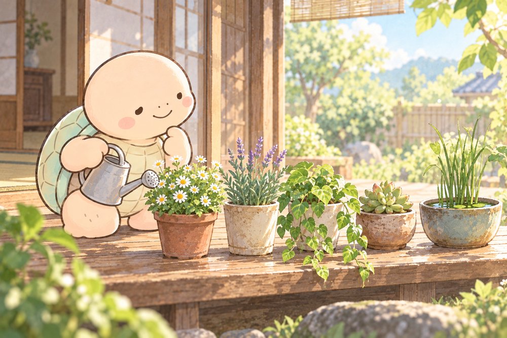 縁側で育て方のちがう植木鉢を見比べる亀のナビ助