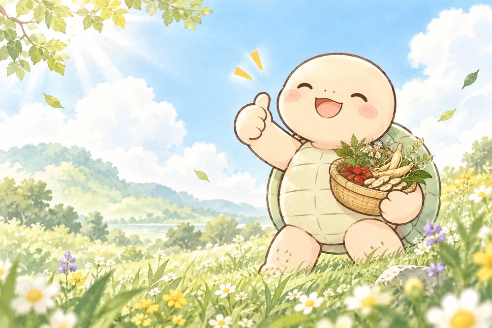 野原で生薬のかごを抱えて親指を立てる亀のナビ助