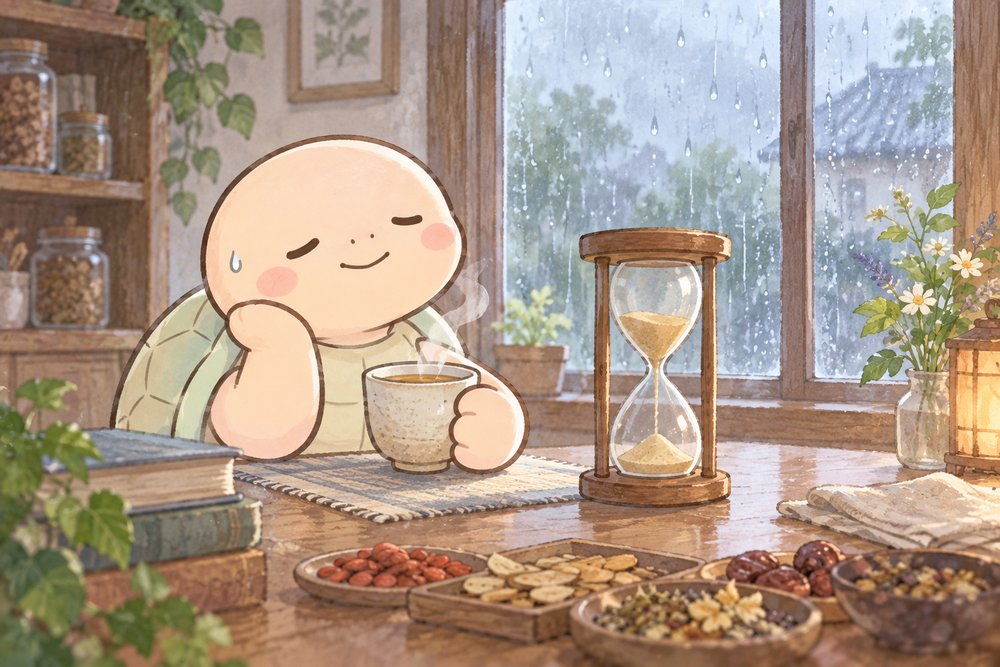 雨の窓辺で砂時計と苦い漢方薬を前に苦笑いする亀のナビ助