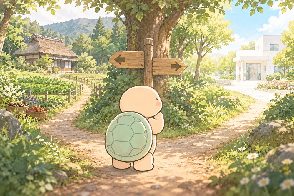 森の分かれ道で道を見比べる亀のナビ助