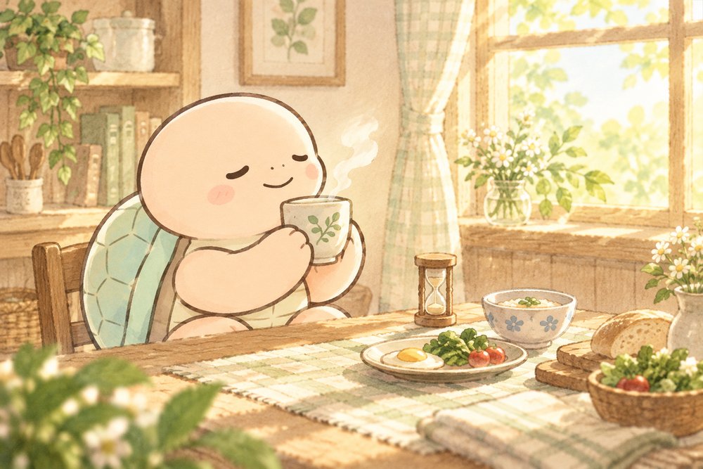 食事の前に漢方薬をゆっくり飲む亀のナビ助
