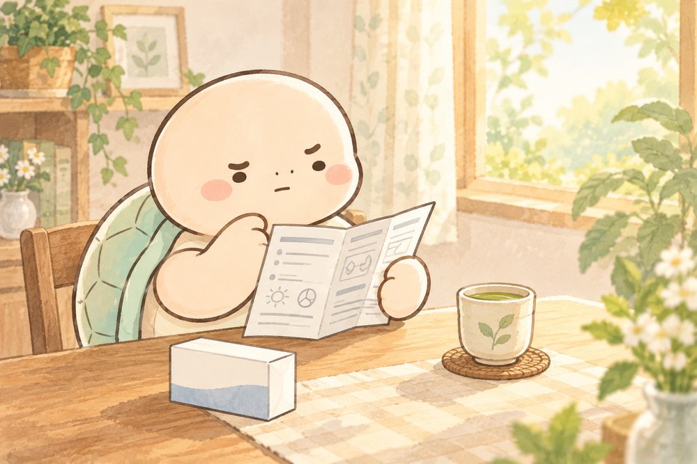 薬の説明書を丁寧に読む亀のナビ助