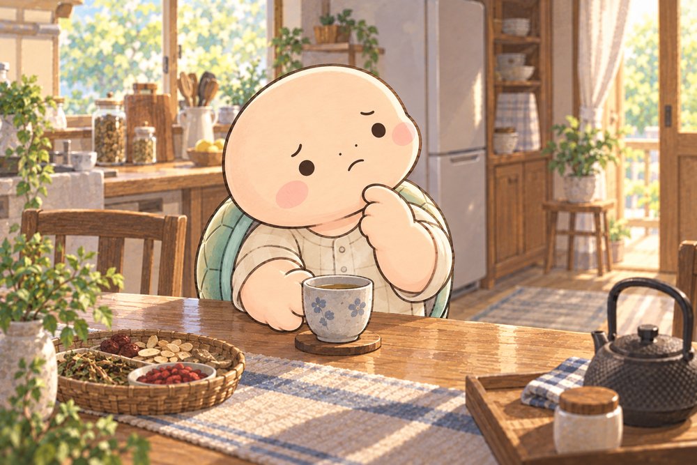 いつもと違う体調に気づいて首をかしげる亀のナビ助