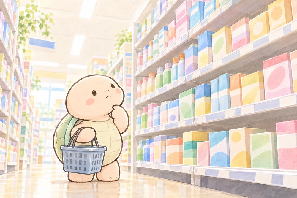 ドラッグストアの棚を見上げて悩む亀のナビ助