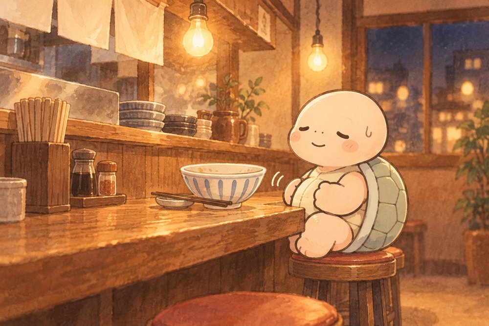 食堂のカウンターで食べすぎたおなかをさする亀のナビ助