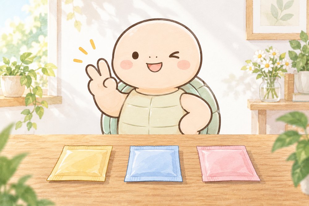 3つの薬袋を前に自信たっぷりの亀のナビ助