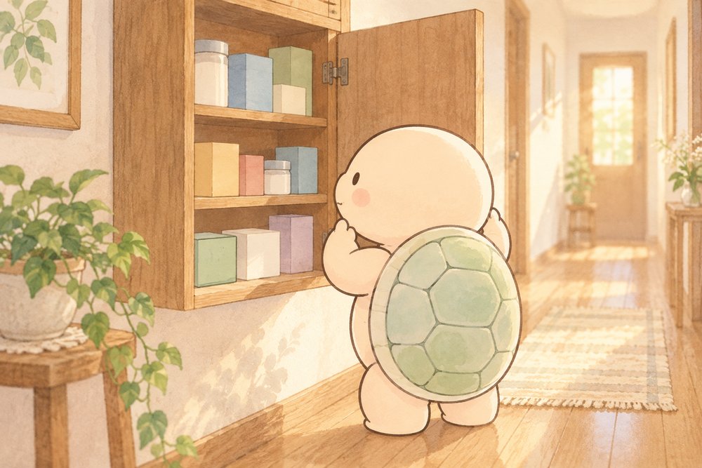 家の薬棚をのぞき込んで首をかしげる亀のナビ助