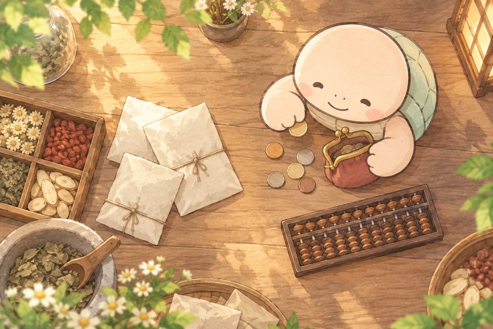 亀のナビ助ががま口の財布から小銭を出して漢方薬の費用を数えているイラスト