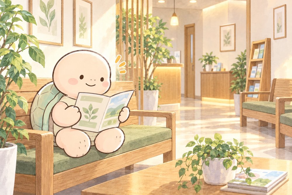 クリニックの待合室でパンフレットを読む亀のナビ助