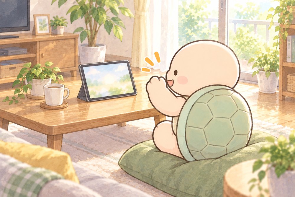 タブレットに向かって手を振る亀のナビ助