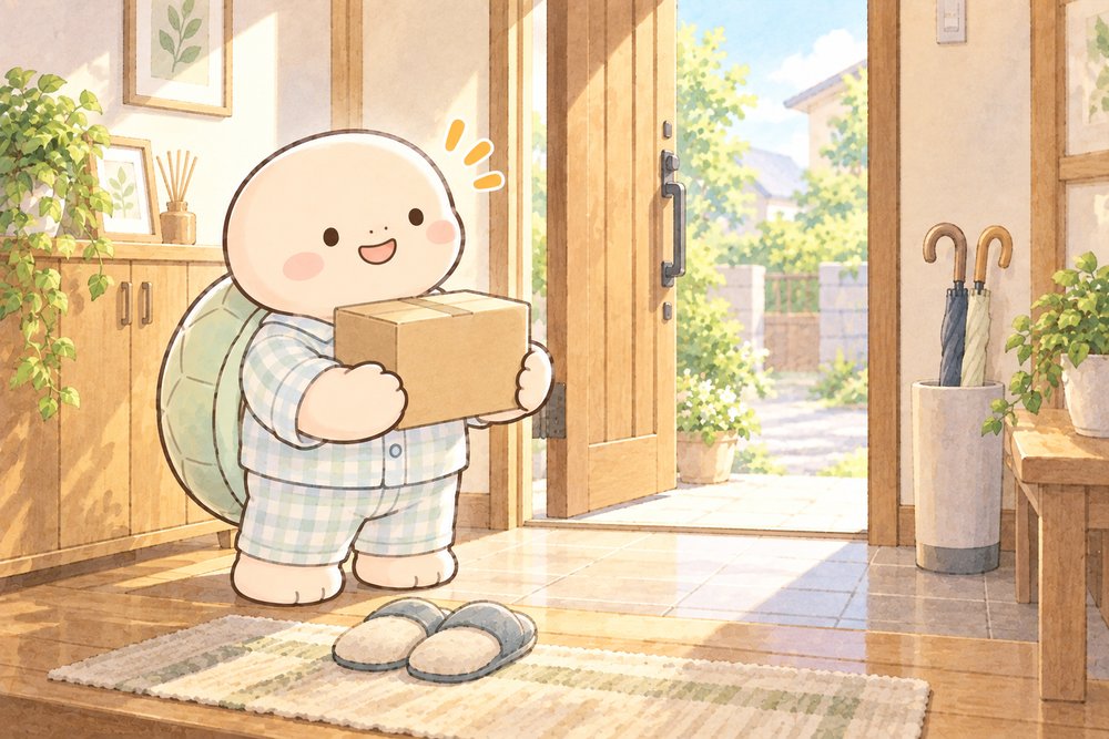 届いた小包を抱えてうれしそうな亀のナビ助