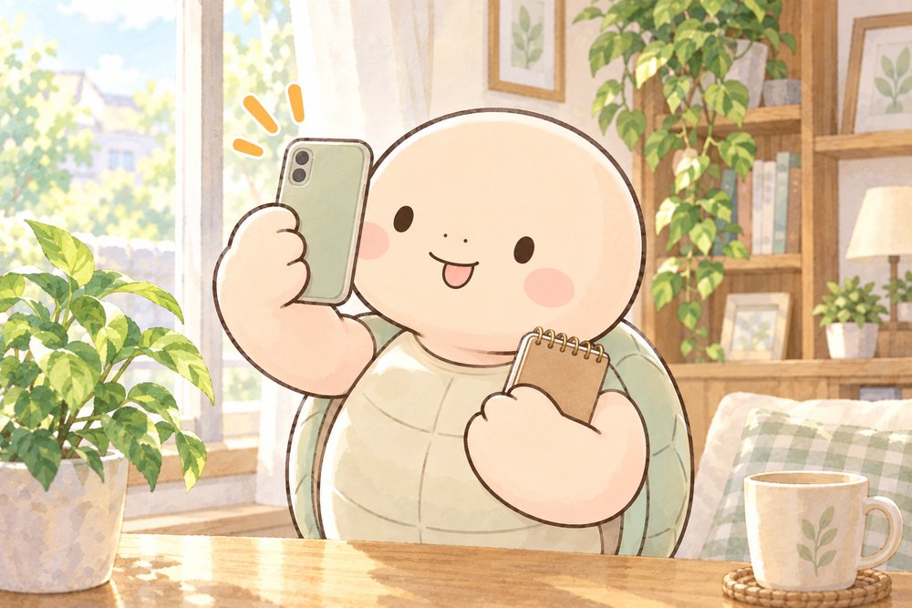 スマホで舌の写真を撮ろうとする亀のナビ助