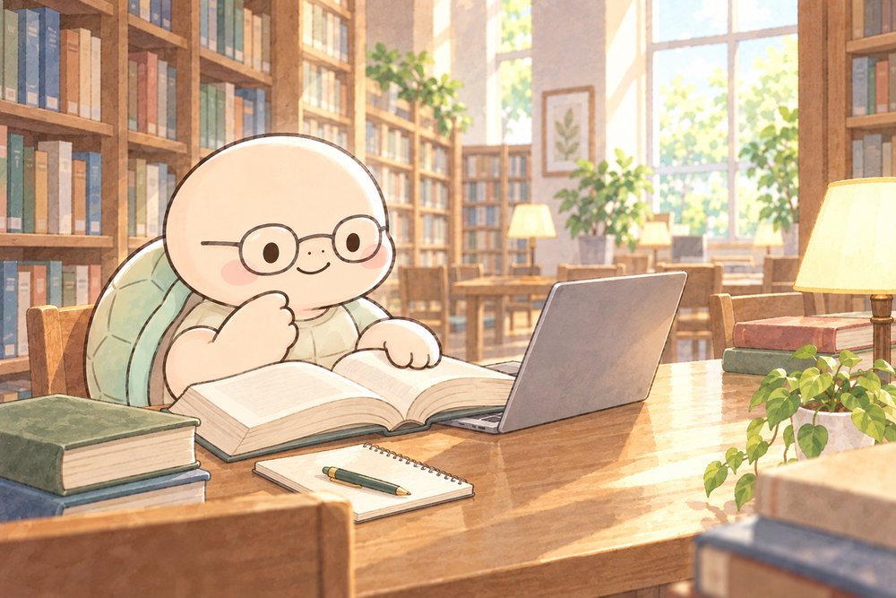 図書館で本とパソコンを見比べて調べる亀のナビ助