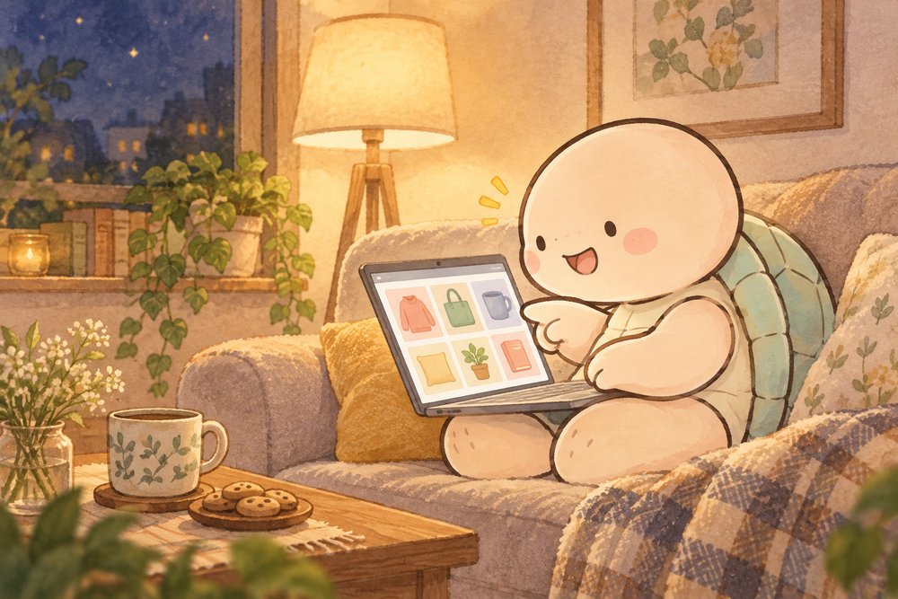 ソファでノートパソコンを見ながら買い物する亀のナビ助
