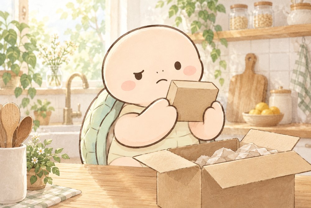 届いた箱の裏側をじっくり確認する亀のナビ助