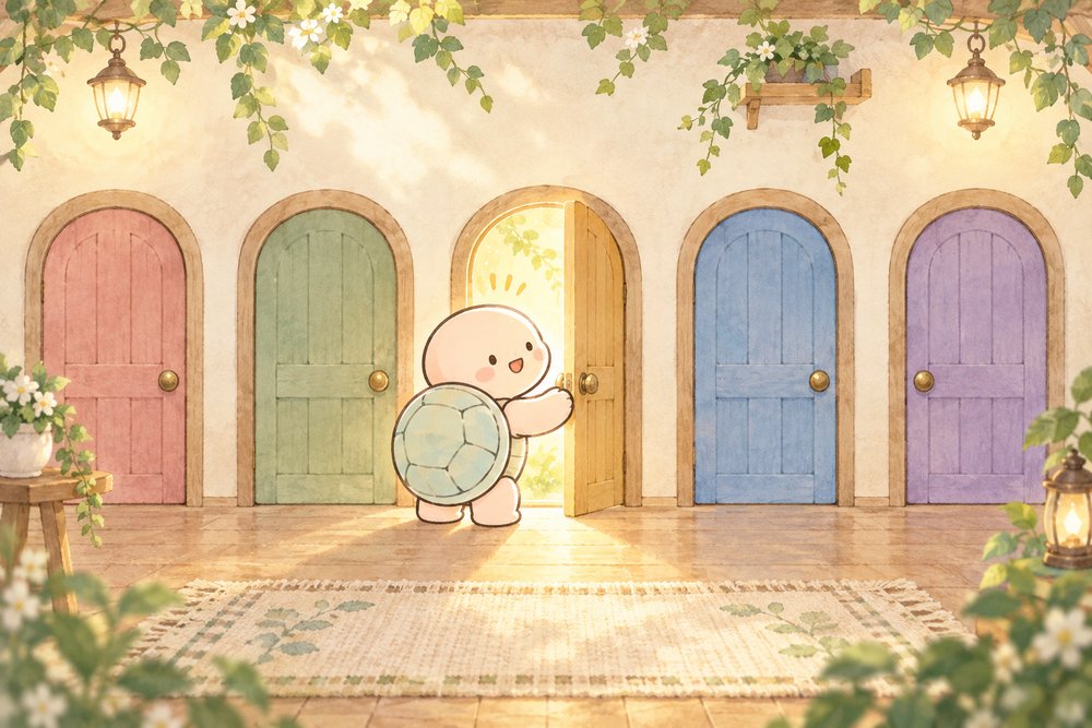 色のちがう5つの扉のひとつをのぞく亀のナビ助