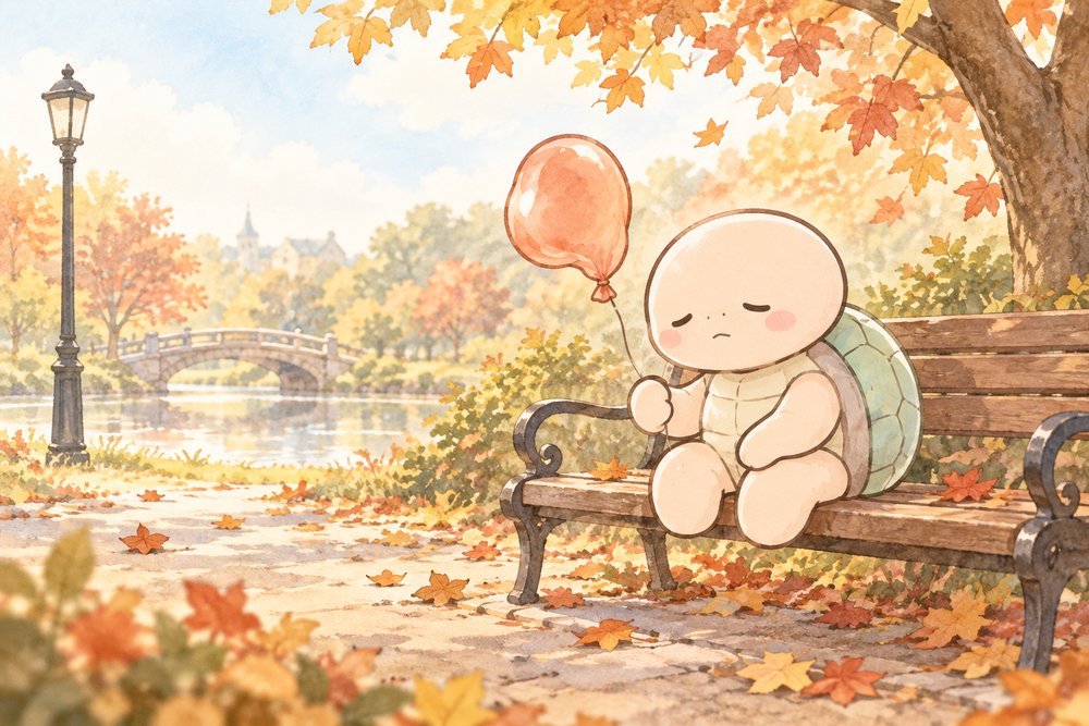 しぼみかけた風船を持って元気のない亀のナビ助