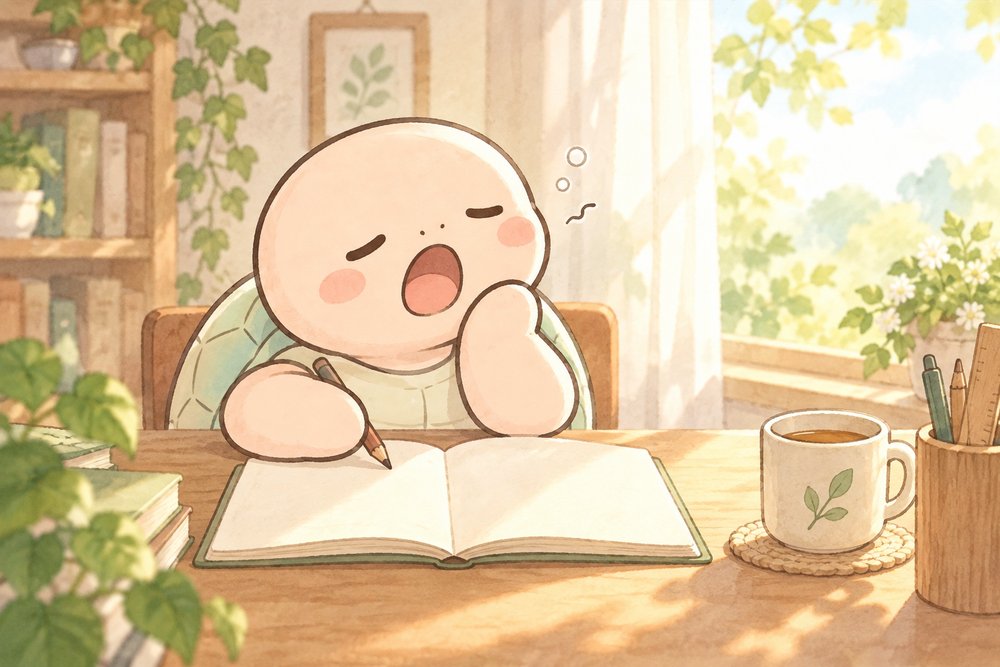 机で大きなあくびをするだるそうな亀のナビ助