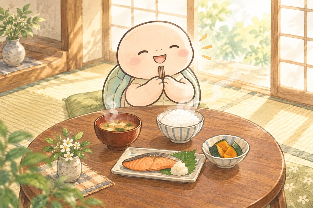 温かい朝ごはんを前に笑顔の亀のナビ助