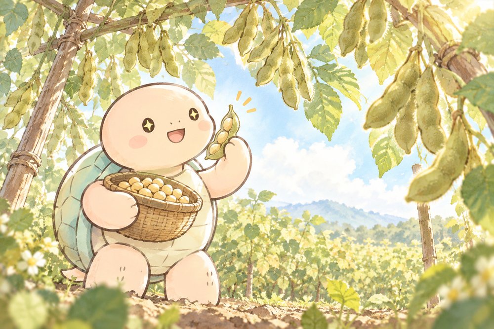 大豆畑でさやを手に目を輝かせる亀のナビ助