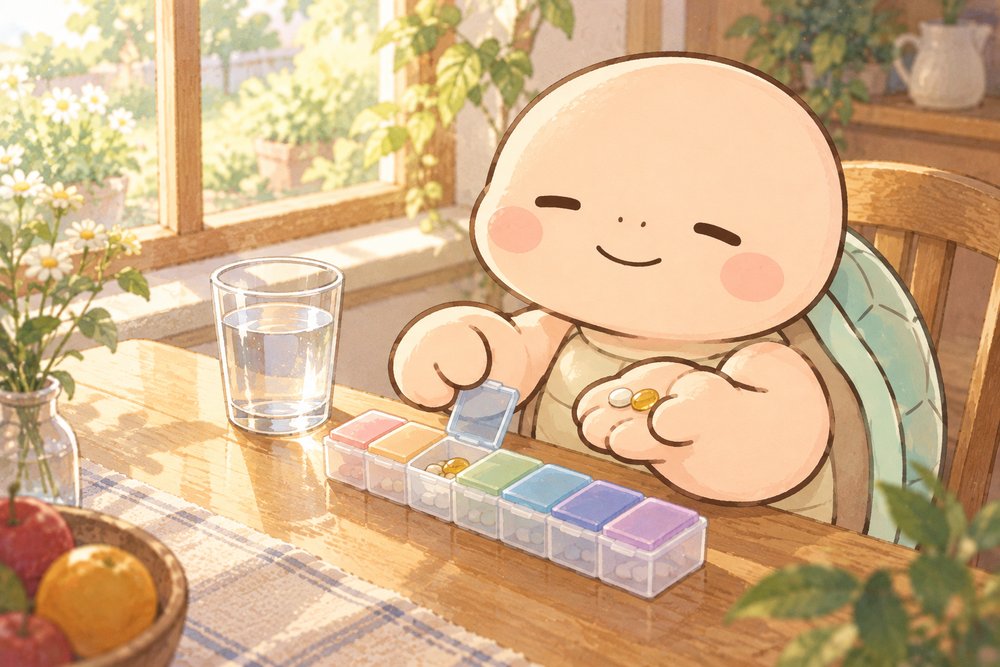 ピルケースから粒を取り出す亀のナビ助