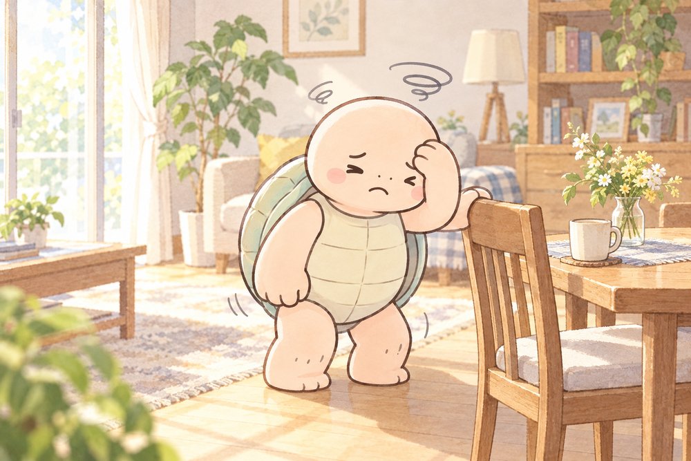 椅子から立ち上がって立ちくらみする亀のナビ助