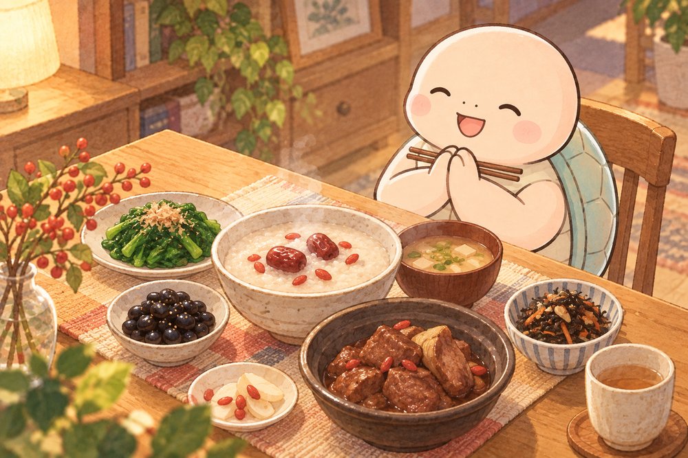 血を補う料理を前にいただきますする亀のナビ助