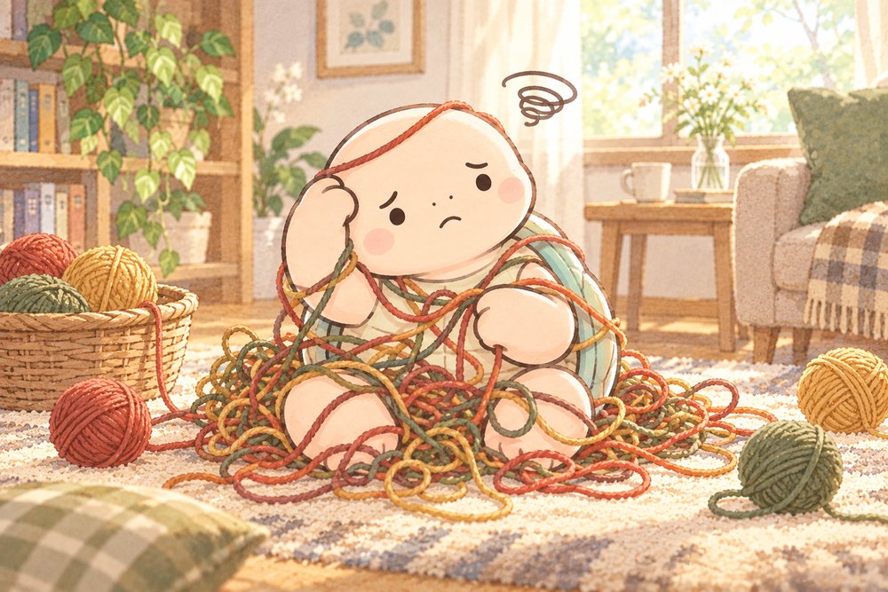 毛糸にからまってスッキリしない亀のナビ助