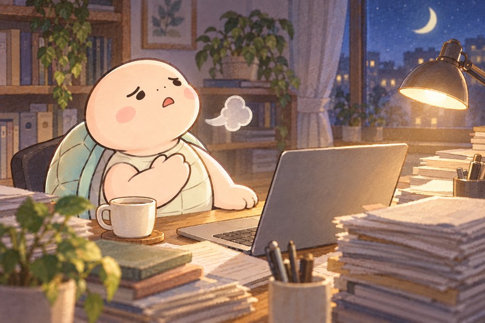 夜のデスクで胸に手を当ててため息をつく亀のナビ助