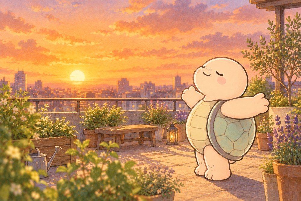 夕焼けの屋上で腕を広げて深呼吸する亀のナビ助