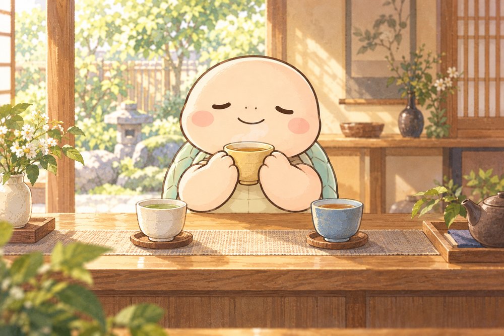 3色のお茶をくらべて香りを楽しむ亀のナビ助