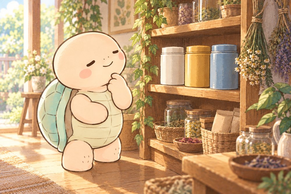 3色の茶缶を見くらべて考える亀のナビ助