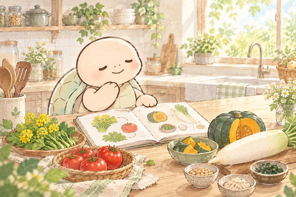 季節の食材で薬膳の組み合わせを考える亀のナビ助
