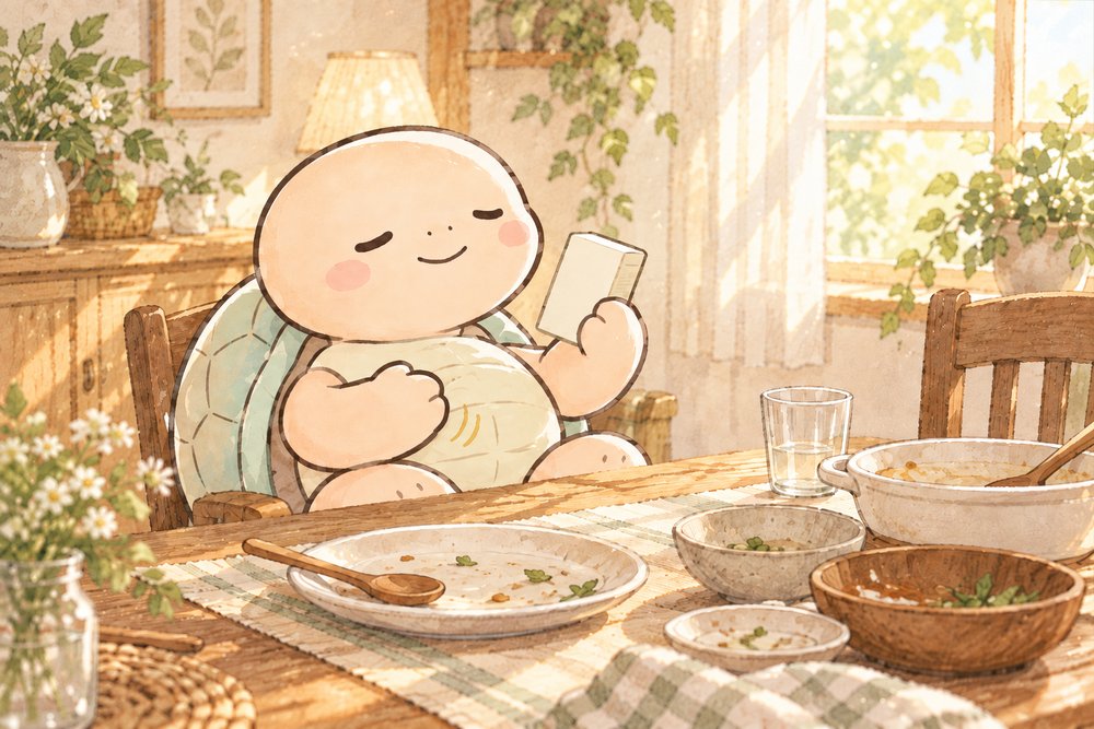 食後にお腹をさすりながら胃腸薬の箱を眺める亀のナビ助