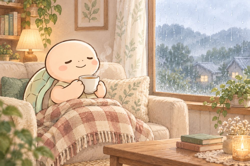 雨の日にひざ掛けをして温かいお茶を飲む亀のナビ助