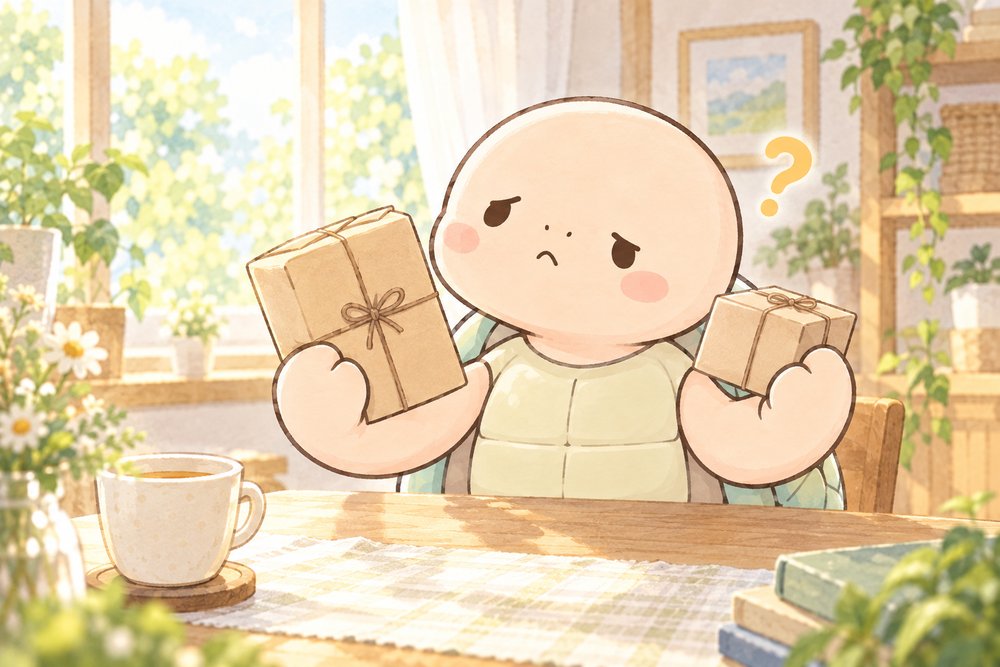 大小2つの包みを見比べてプランを考える亀のナビ助