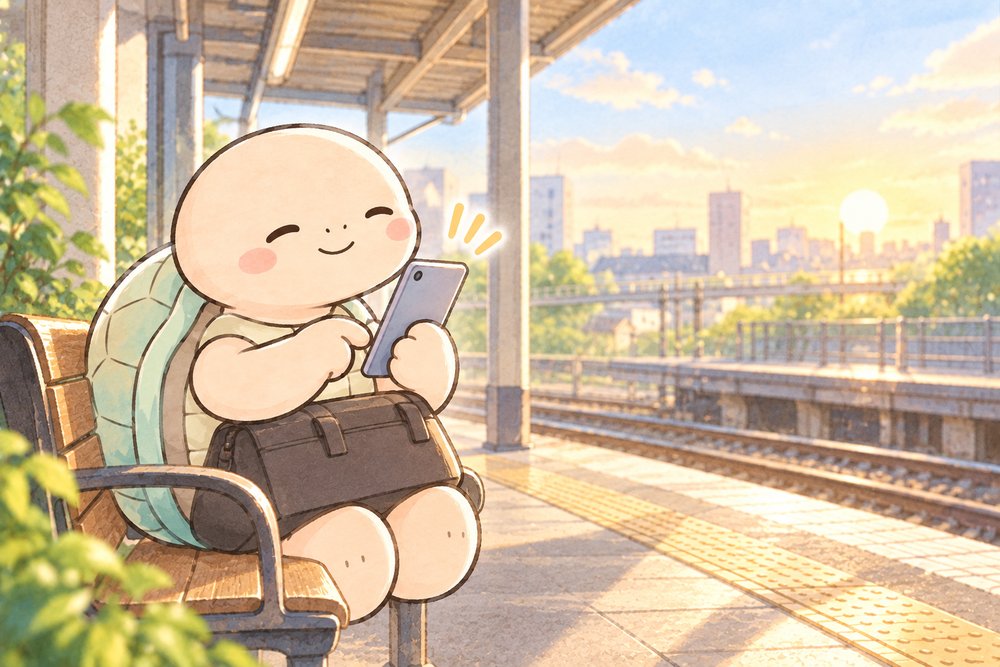 駅のホームでスマホからメッセージを送る亀のナビ助