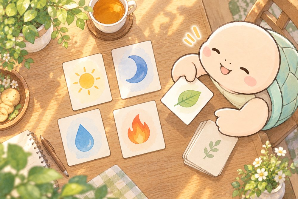 絵柄の質問カードをめくって選ぶ亀のナビ助