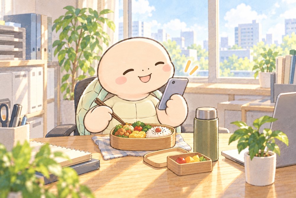 昼休みにお弁当を食べながらスマホを見る亀のナビ助
